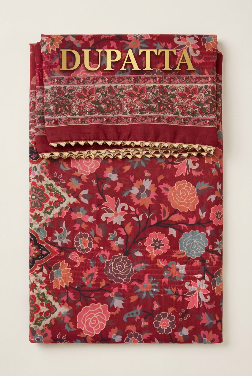 Floral dupatta border with gold-tone trim beside cranberry-red printed suit fabric