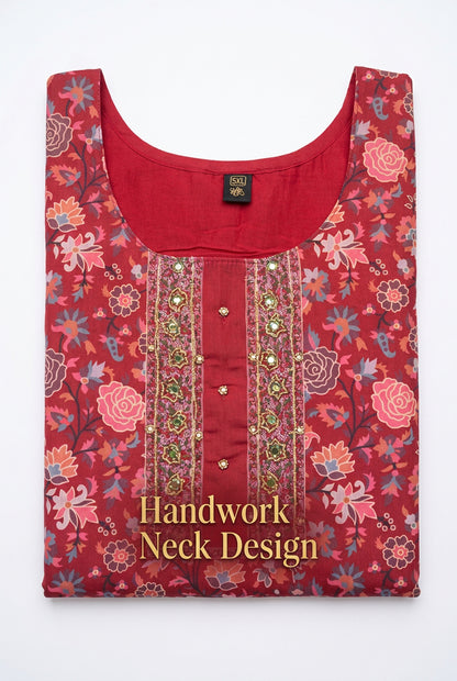 Close-up of cranberry-red floral kurta with embellished neckline and decorative front buttons