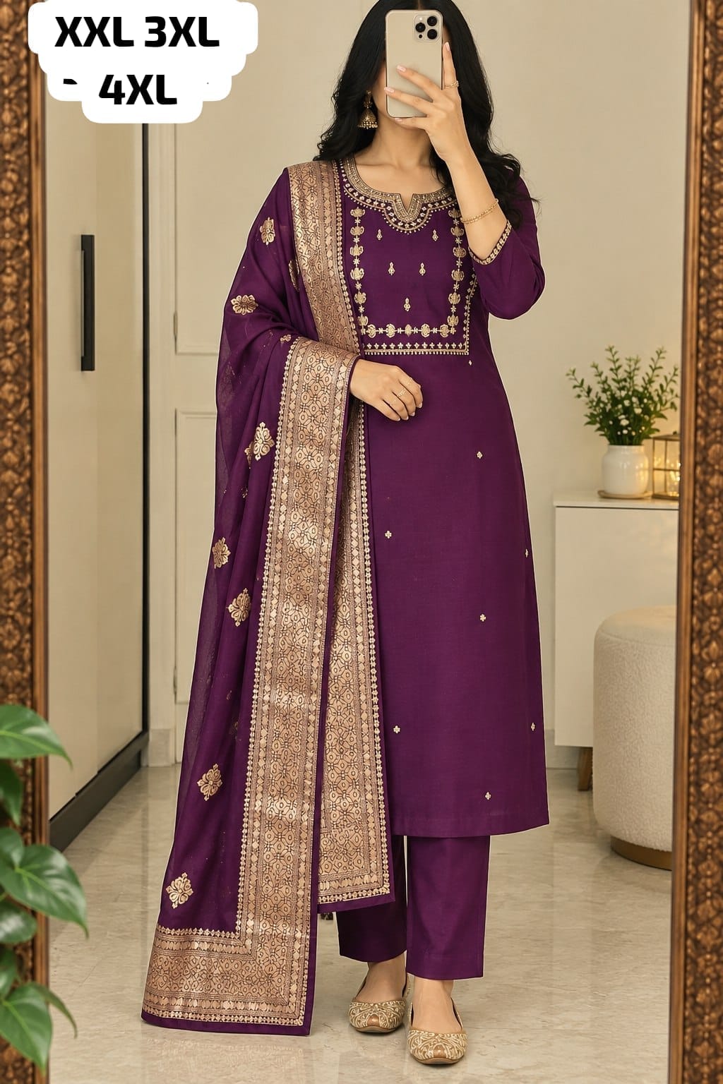 Plus Size Embellished Kurti Pant Set with Dupatta | 3XL and 6XL Rutva Fashions