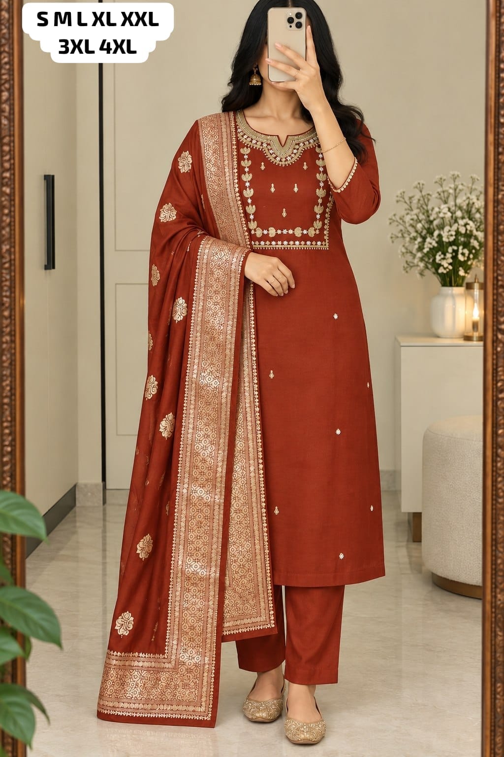 Plus Size Embellished Kurti Pant Set with Dupatta | 3XL and 6XL Rutva Fashions