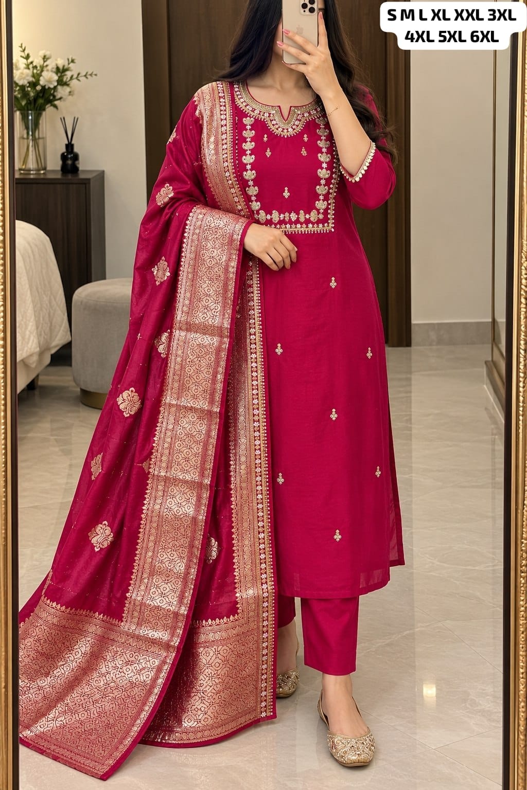 Plus Size Embellished Kurti Pant Set with Dupatta | 3XL and 6XL Rutva Fashions