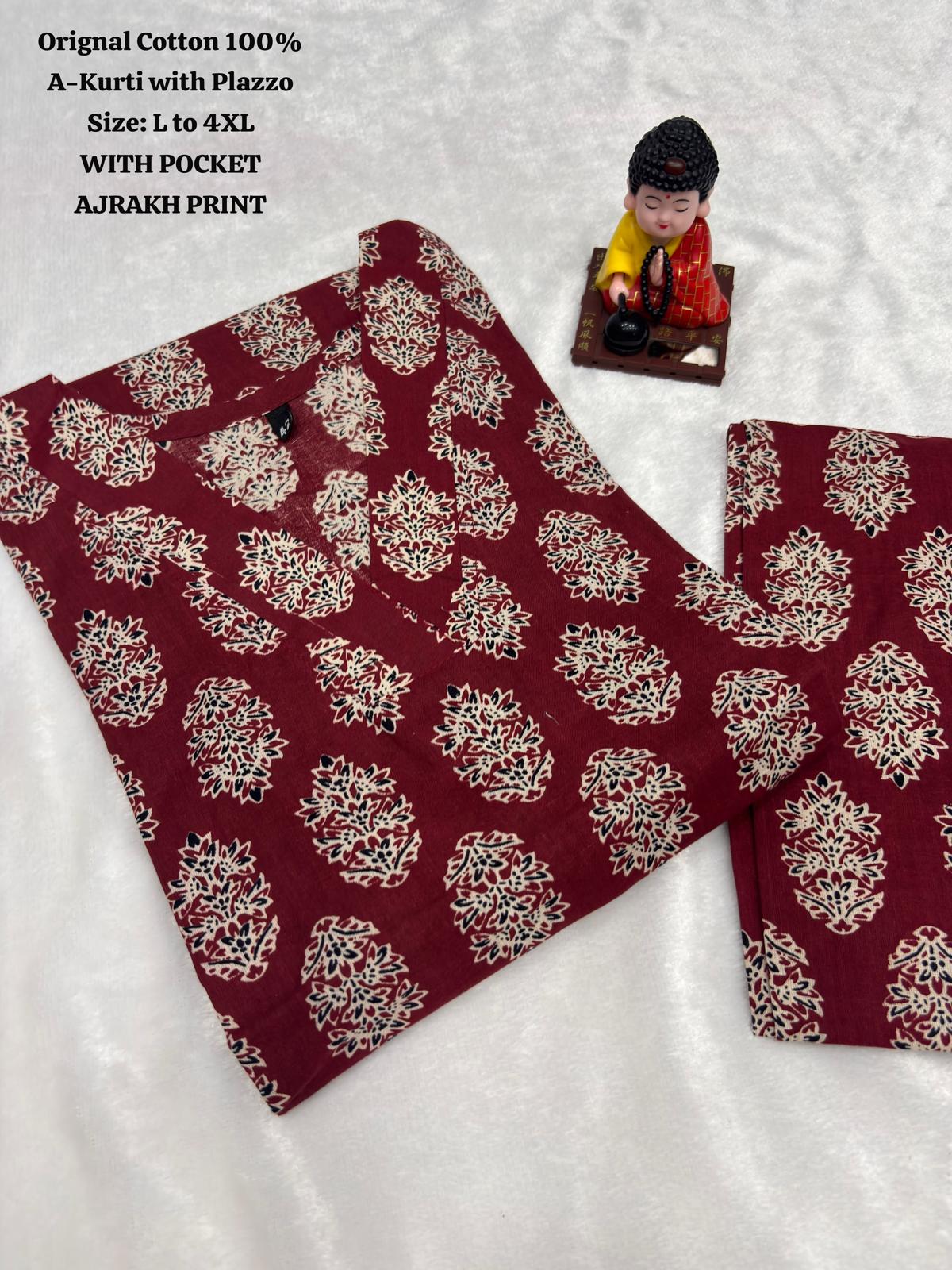 Ajrakh Print Cotton A-Line Kurta and Palazzo Set Deepika's Adornments