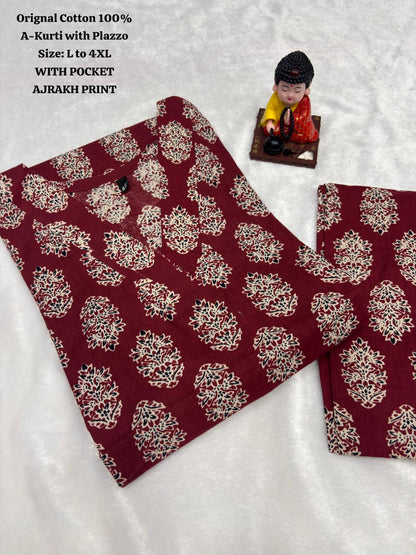 Ajrakh Print Cotton A-Line Kurta and Palazzo Set Deepika's Adornments