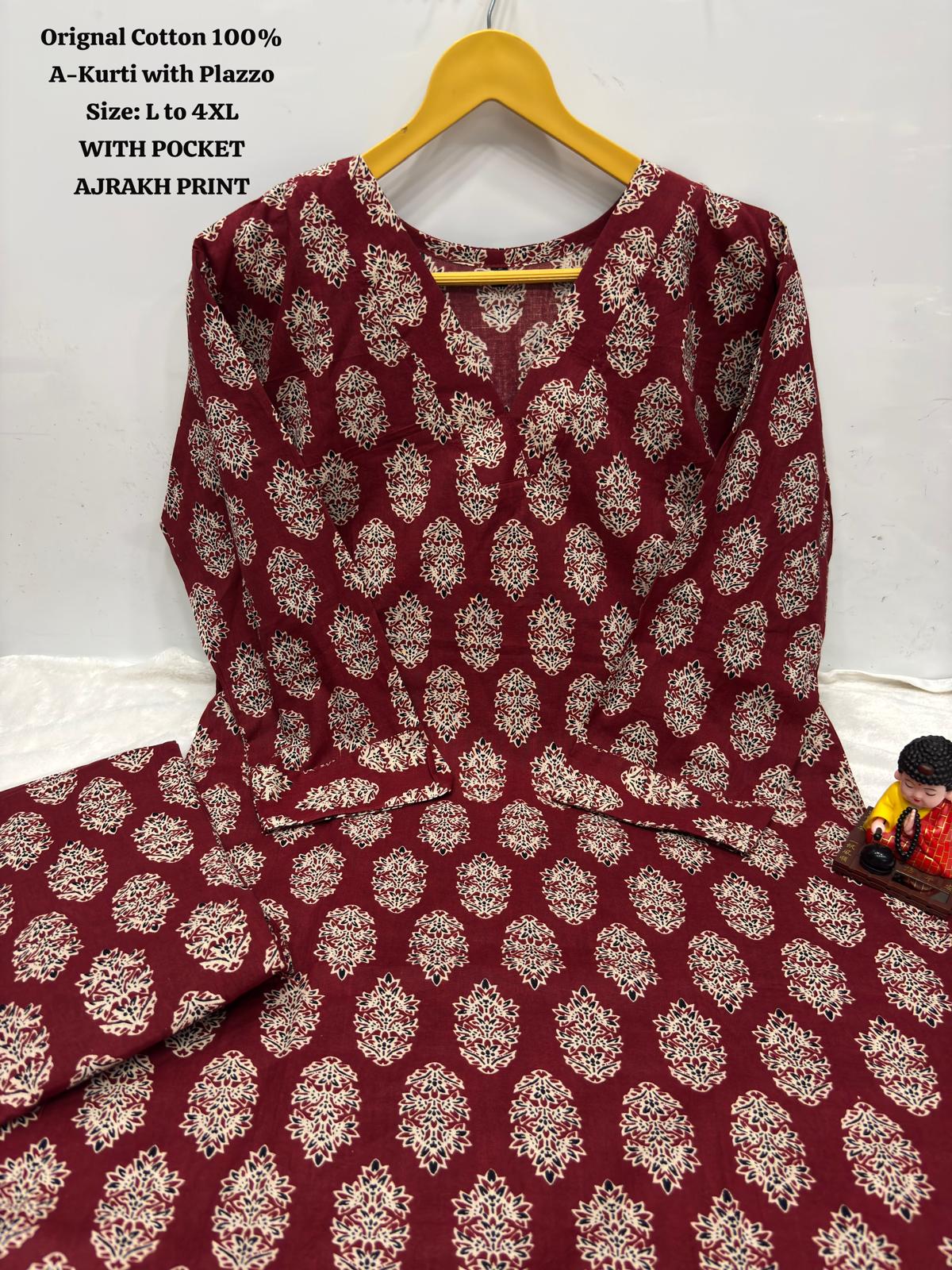 Ajrakh Print Cotton A-Line Kurta and Palazzo Set Deepika's Adornments