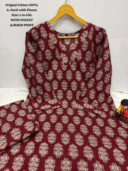 Ajrakh Print Cotton A-Line Kurta and Palazzo Set Deepika's Adornments