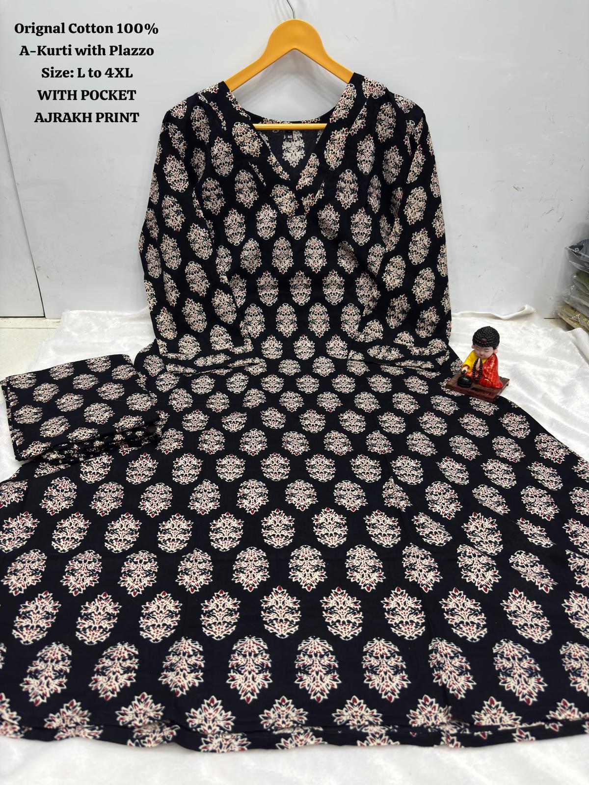 Ajrakh Print Cotton A-Line Kurta and Palazzo Set Deepika's Adornments