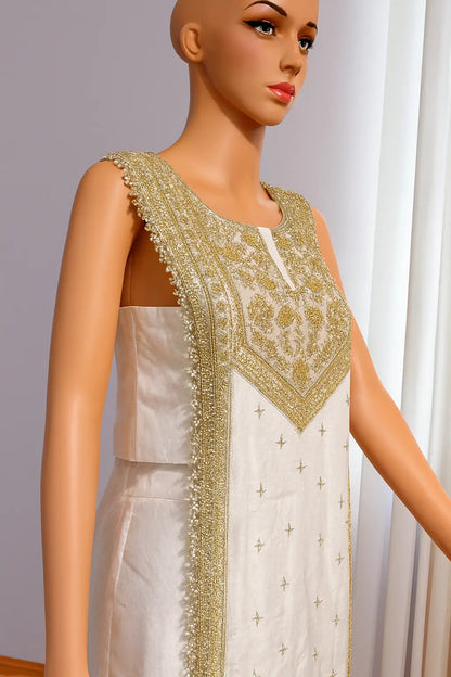 Indo-Western Lehenga Set - White & Gold Zari Work Maha Collection