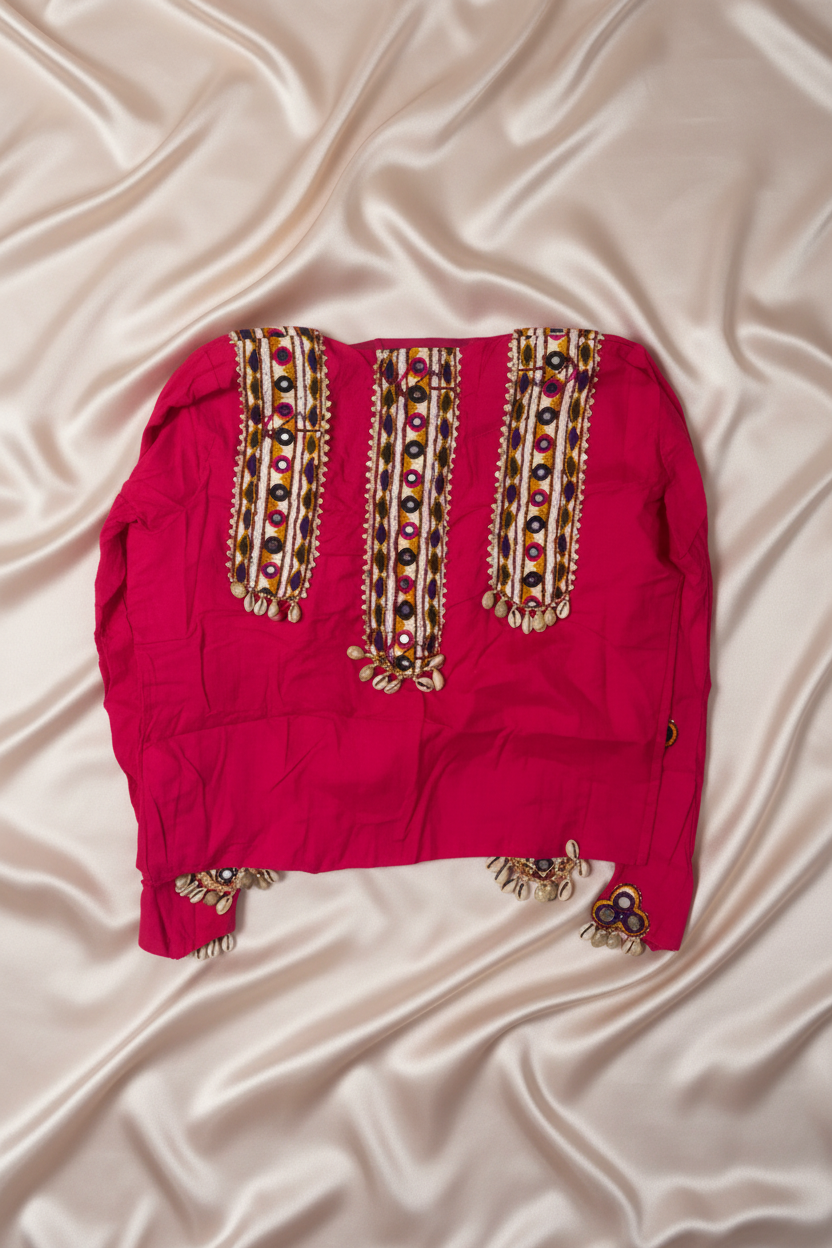 Front view of rani pink Rajudi crop blouse showing sweetheart neckline and mirror motif detail at centre front