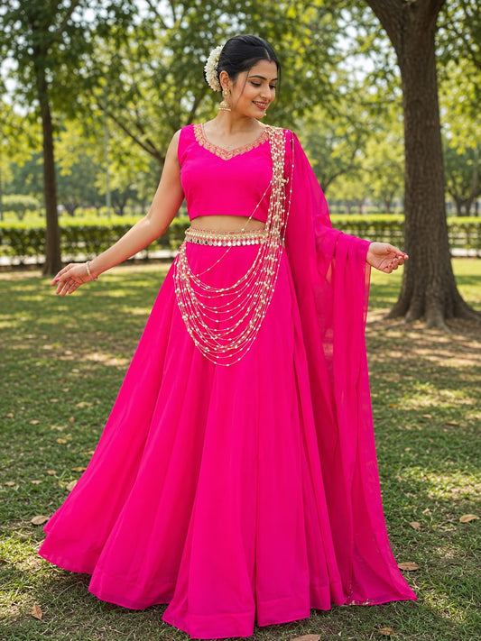 Luxury Hot Pink All-Handwork Lehenga Set – Georgette with Hand Embroidery & Net Dupatta Maha Collection