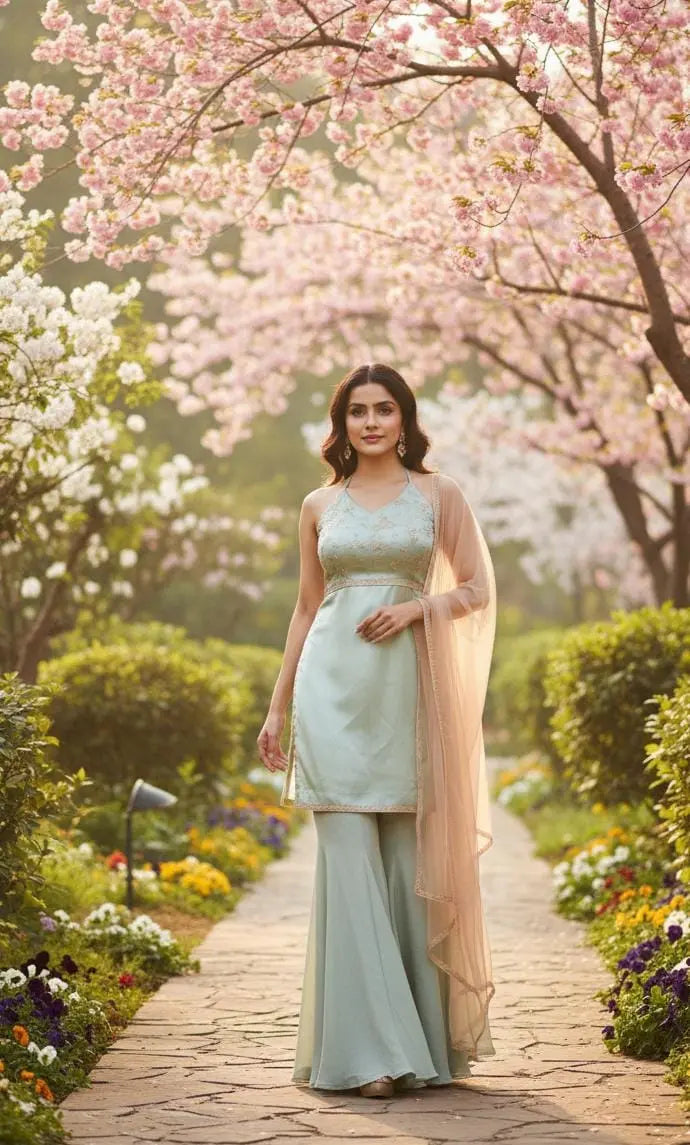 Silk Palazzo Suit - Custom-Stitched with Heavy Sequin Top Maha Collection