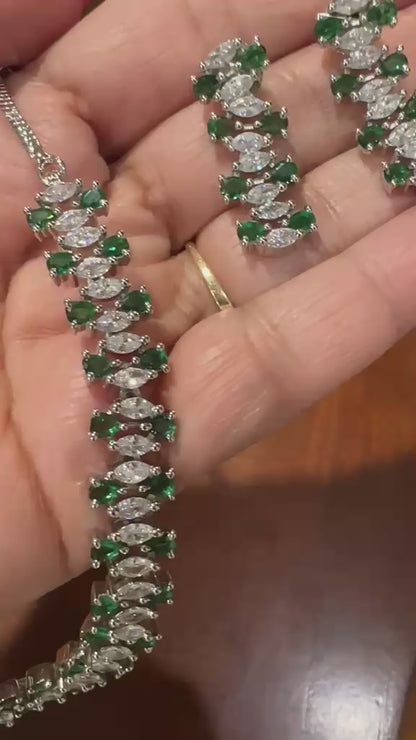 CZ & Hydro Green Stone Necklace Set | 24ct Gold & Rhodium Plated Indian Jewelry