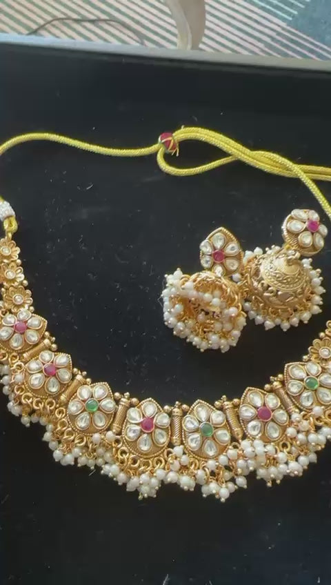 Video of Kundan Necklace Close-up - Traditional Multi-Color Heritage Jewelry with Matching Earrings