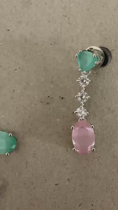 Pastel Pink & Mint Hydrostone CZ Necklace Set | Convertible Choker | 24ct Rhodium Plated