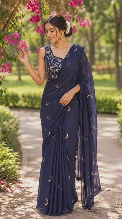 Navy Blue Ready-to-Wear Saree – Georgette with Moon Motif Hand Embroidery & Designer Blouse