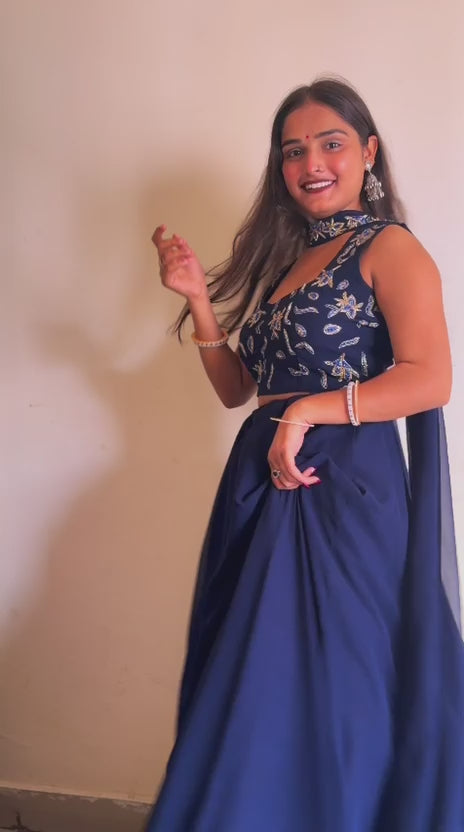 Luxury Navy Blue Lehenga Set – Georgette with Heavy Hand Embroidery & Net Dupatta