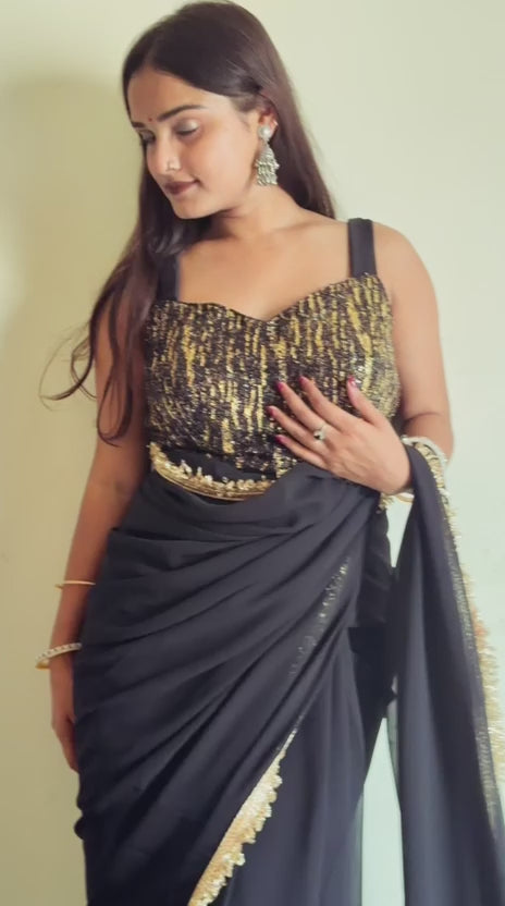 Black Ready-to-Wear Saree – Georgette with Golden Lace Detailing & Designer Crepe Blouse
