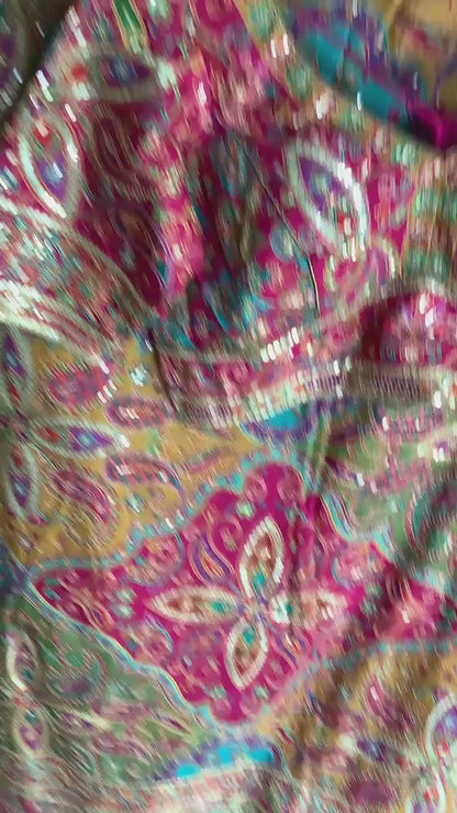 Multicolor Chinnon Silk Saree with Heavy Sequin & Zari Work | Party Wear Saree with Stitched Blouse