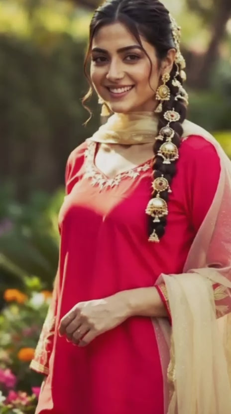 Red Farshi Salwar Suit – Premium Crepe with Hand Embroidery & Golden Dupatta