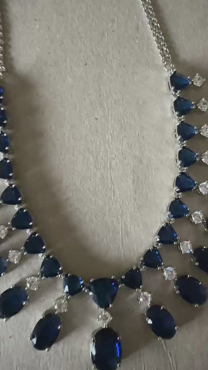 Sapphire Hydrostone & Silver CZ Necklace Set | Convertible Choker | 24ct Rhodium Plated
