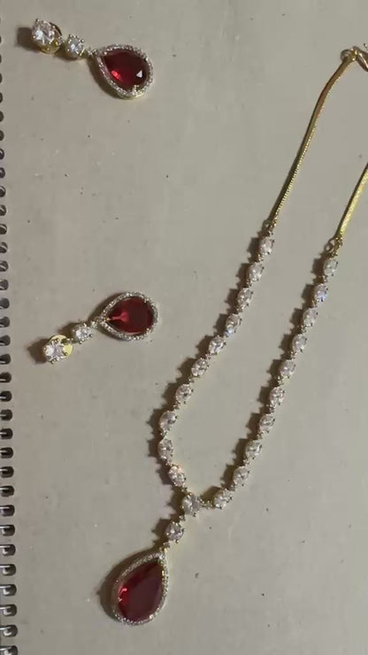 Red Hydrostone & CZ Statement Necklace Set | 24ct Gold Plated on Rhodium Indian Jewelry