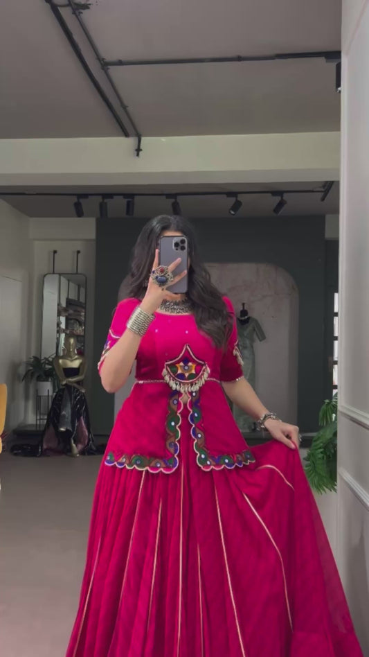 Rani Pink Lehenga Choli – Georgette Printed Lehenga with Kutchi Peplum Blouse | Navratri 2026