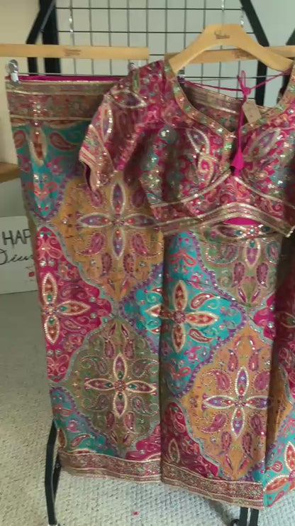 Multicolor Chinnon Silk Saree with Heavy Sequin & Zari Work | Party Wear Saree with Stitched Blouse