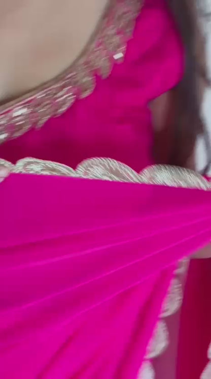 Rani Pink Ready-to-Wear Saree – Georgette with Pearl & Crystal Designer Blouse