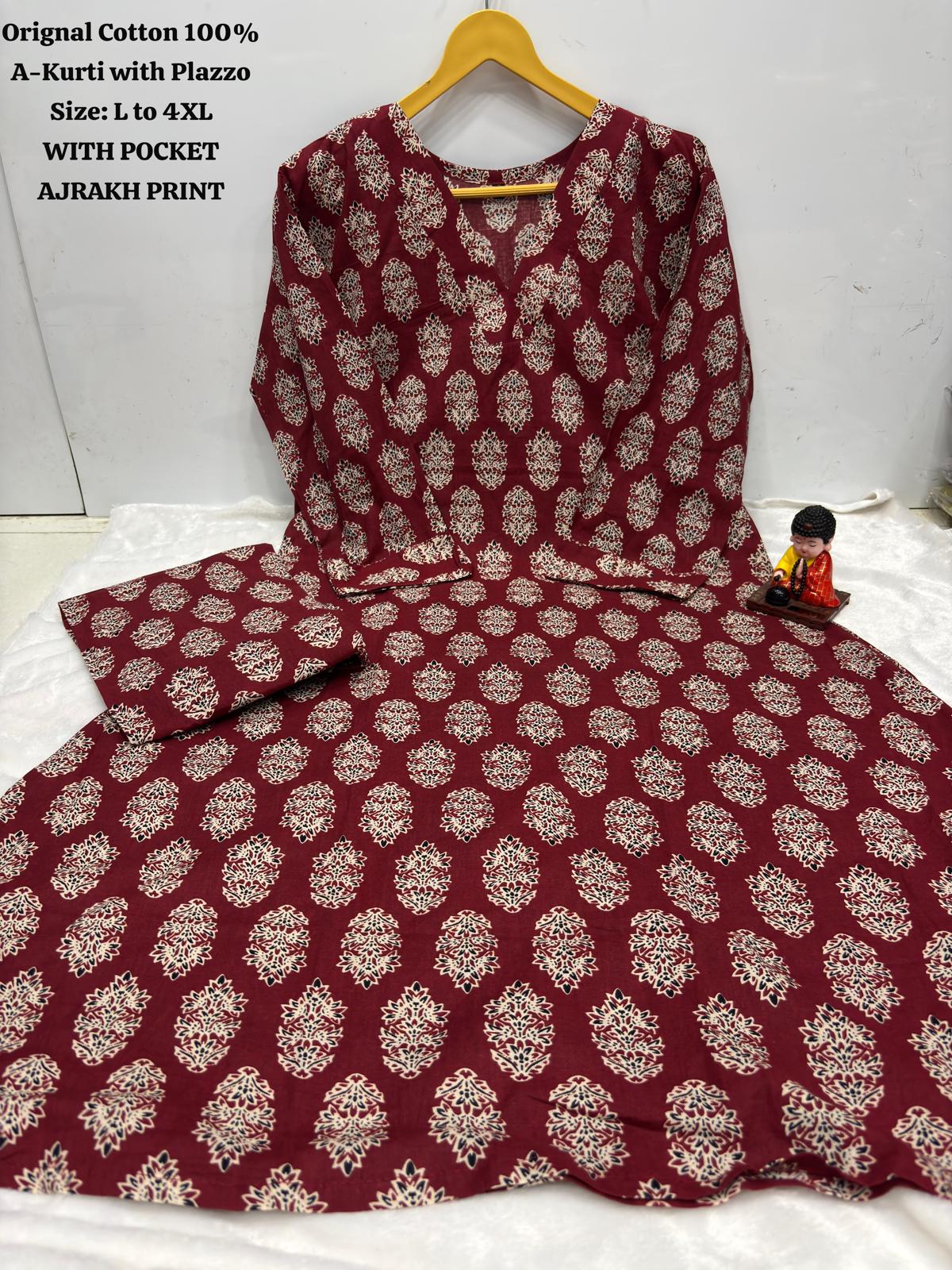 Ajrakh Print Cotton A-Line Kurta and Palazzo Set Deepika's Adornments