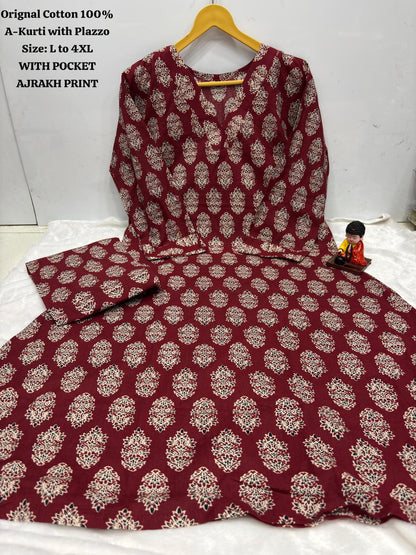 Ajrakh Print Cotton A-Line Kurta and Palazzo Set Deepika's Adornments