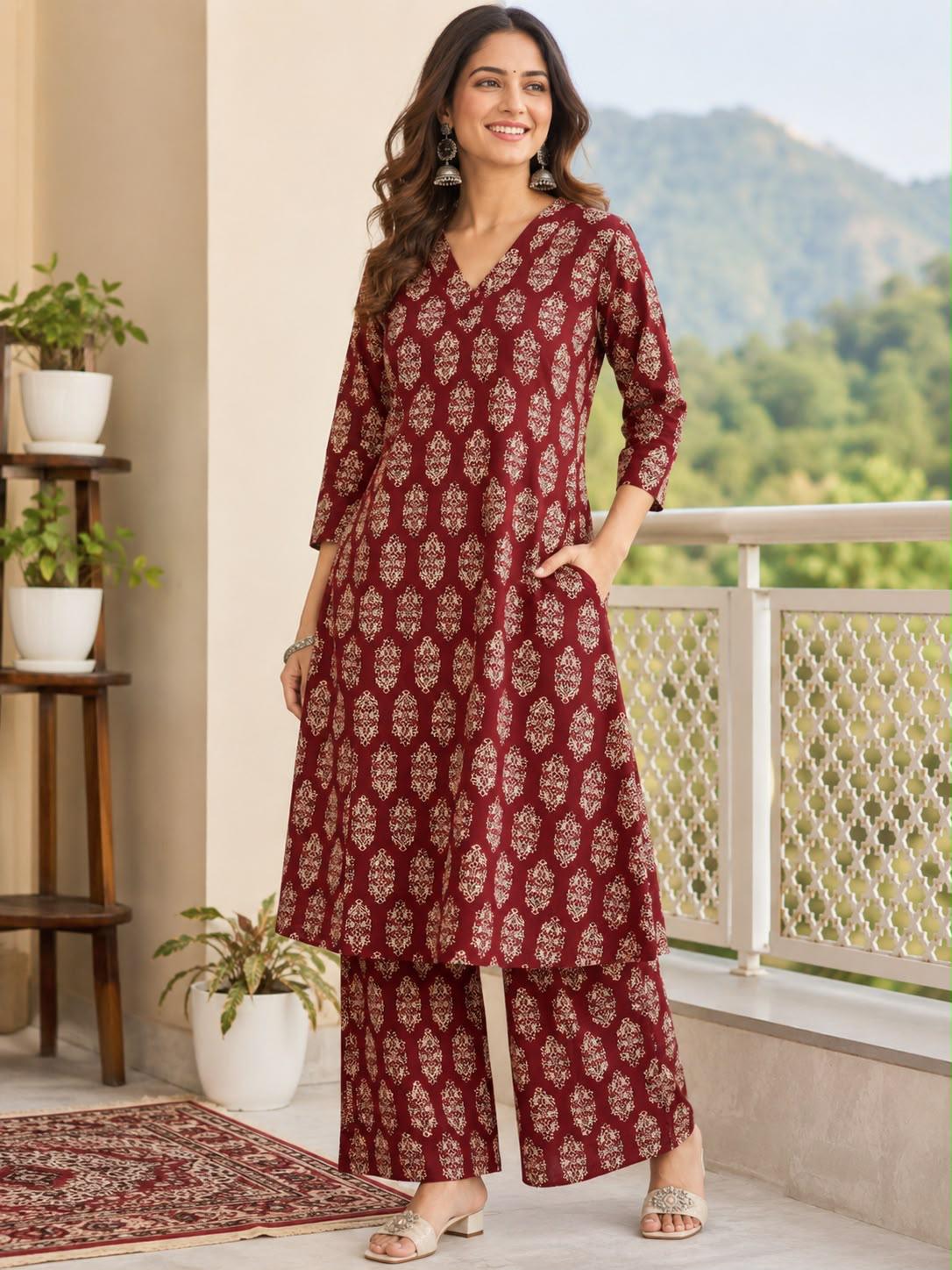 Ajrakh Print Cotton A-Line Kurta and Palazzo Set Deepika's Adornments