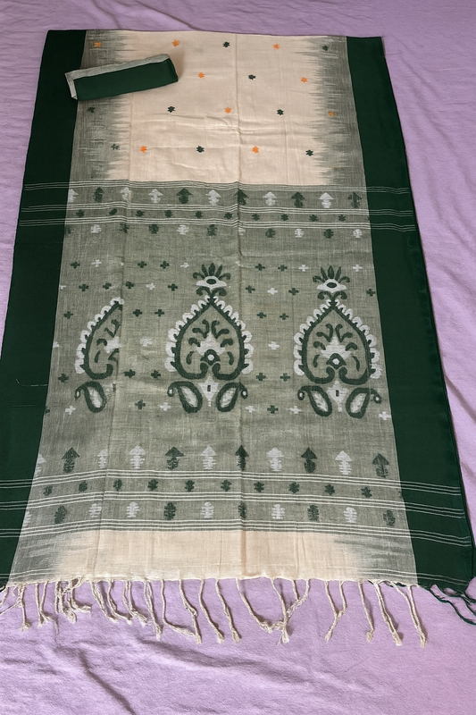 Bajala Cotton Saree Saree - Green with  Off-White