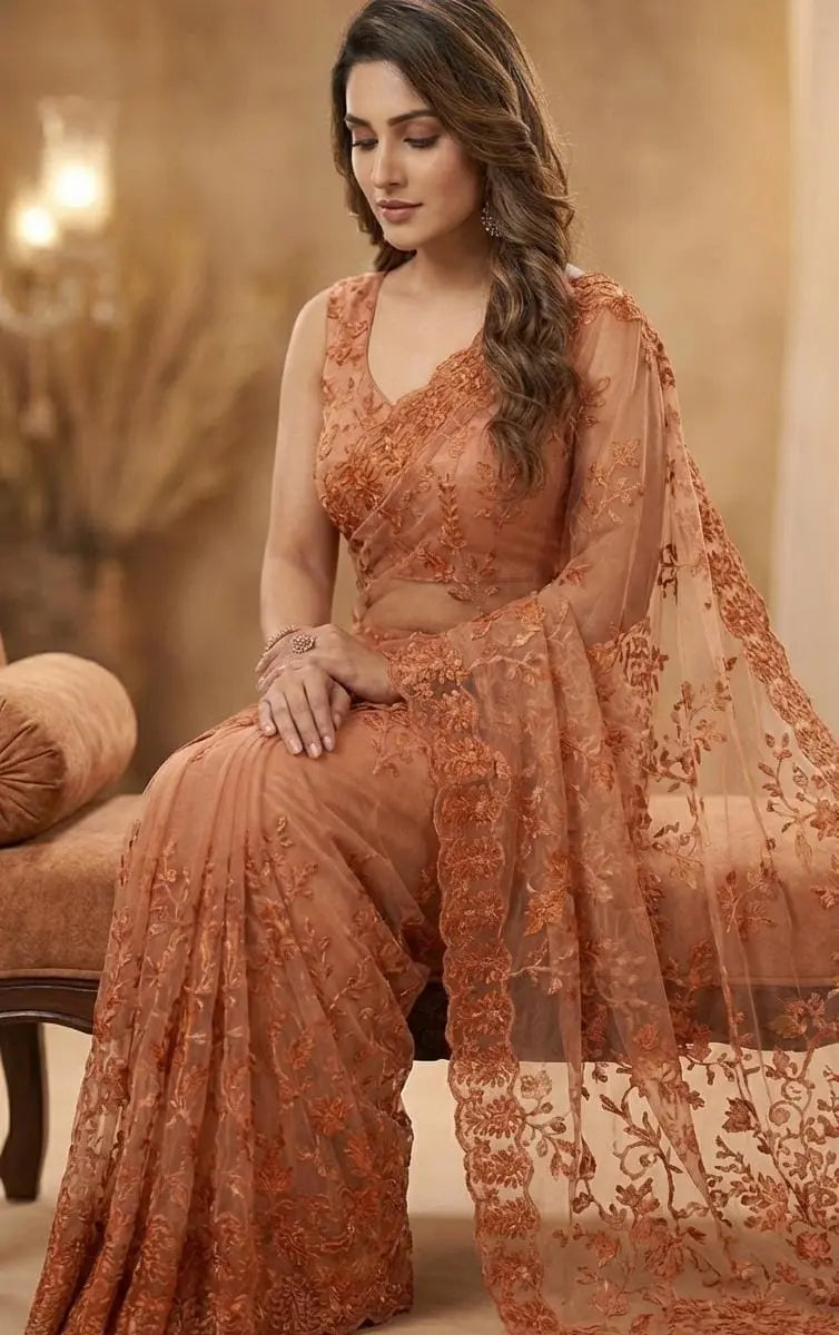 Net Pre-Draped Saree - Custom-Stitched with Thread Work Blouse Maha Collection