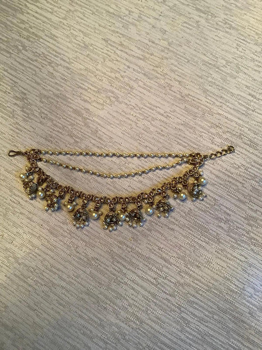 Antique Gold Jhumka Drop Shahara with Pearl Chain - Bridal Hair Accessory Pair Nikhar Jewelry